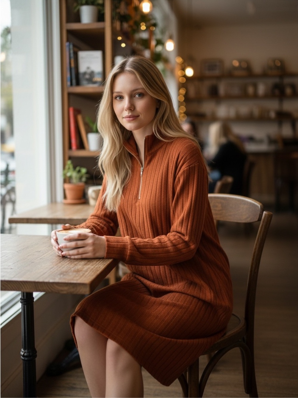 Alife Ribbed Half-Zip Midi Dress in Rust